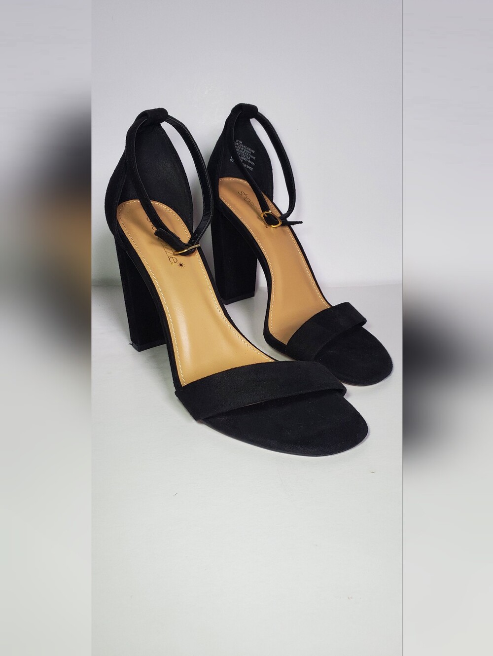 Shoe Dazzle Black Suede Block Heel Ankle-Strap Sandals